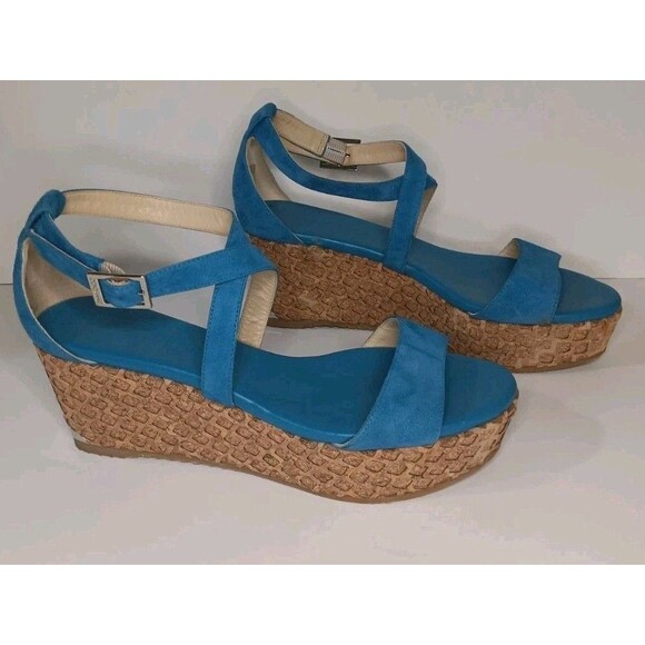 Jimmy Choo Wedge Sandals Blue Suede Cork Espadrilles Made in Spain Size 38 - Picture 1 of 16
